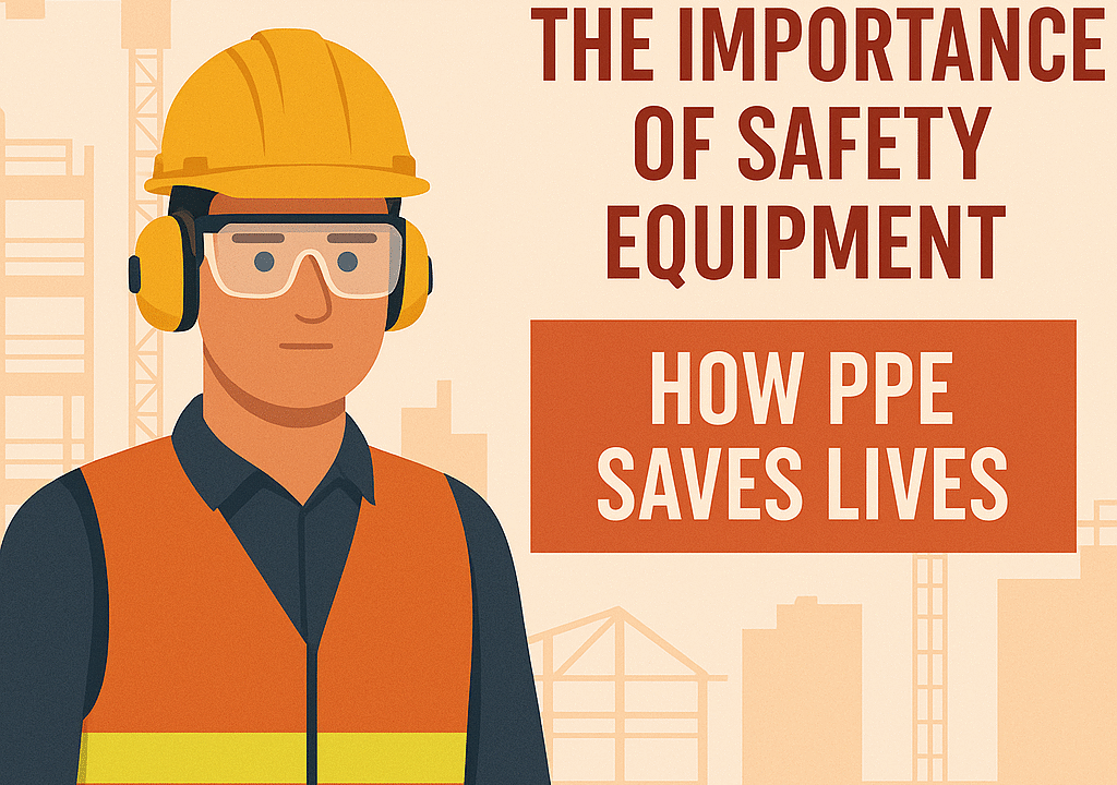 Illustration of a construction worker wearing a yellow hard hat, safety goggles, earmuffs, and a high-visibility vest, with text that reads 'The Importance of Safety Equipment – How PPE Saves Lives' over a background of construction cranes and buildings.