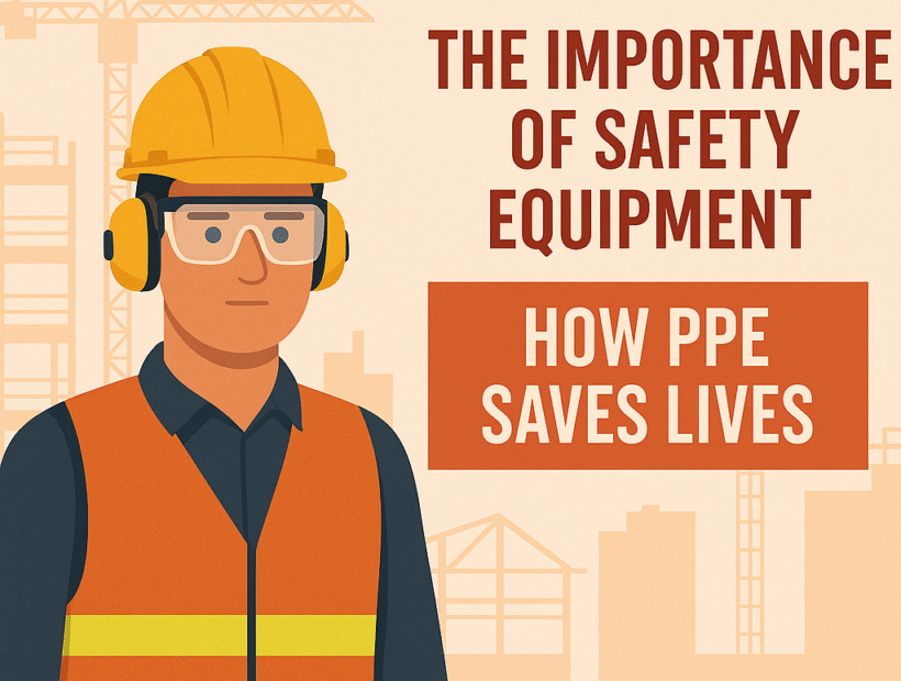 Illustration of a construction worker wearing a yellow hard hat, safety goggles, earmuffs, and a high-visibility vest, with text that reads 'The Importance of Safety Equipment – How PPE Saves Lives' over a background of construction cranes and buildings.