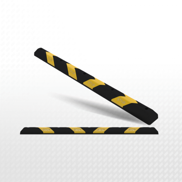 a close-up of a black and yellow road wheel stopper