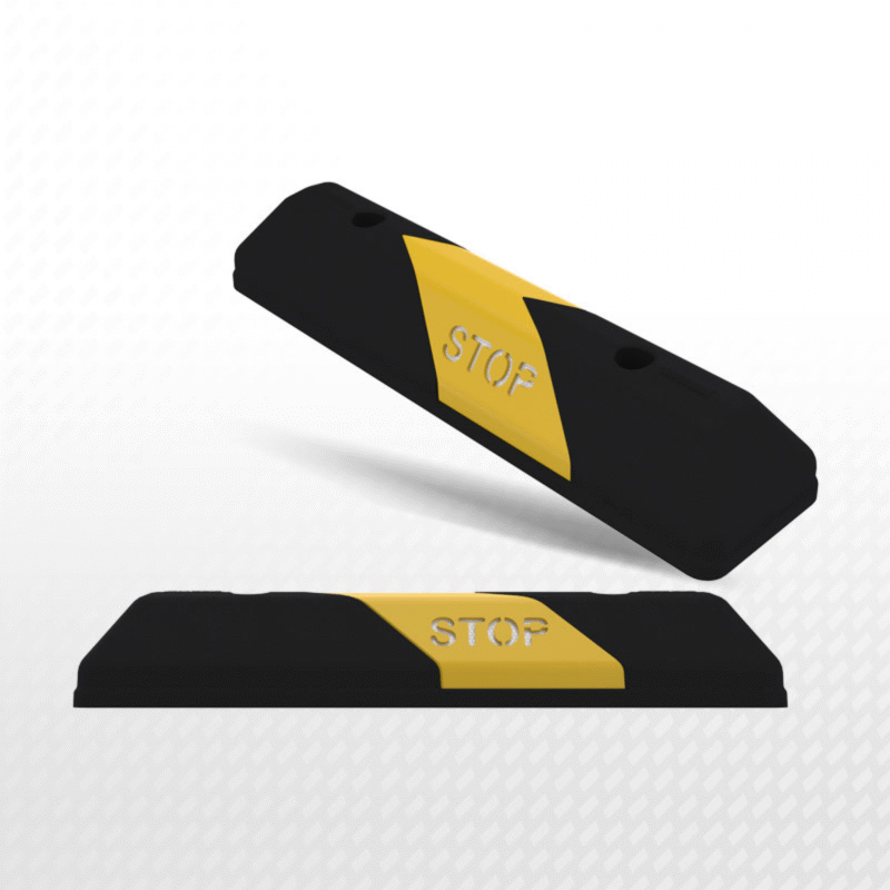 a black and yellow wheel stopper